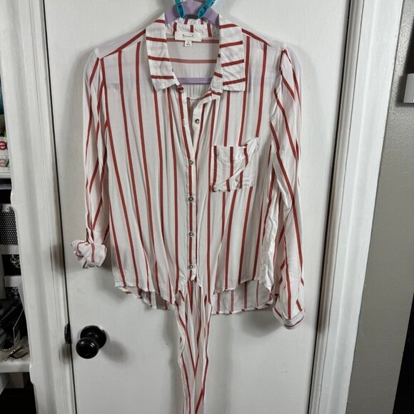 Be cool orange and white striped lightweight button up with tie front - Picture 1 of 8